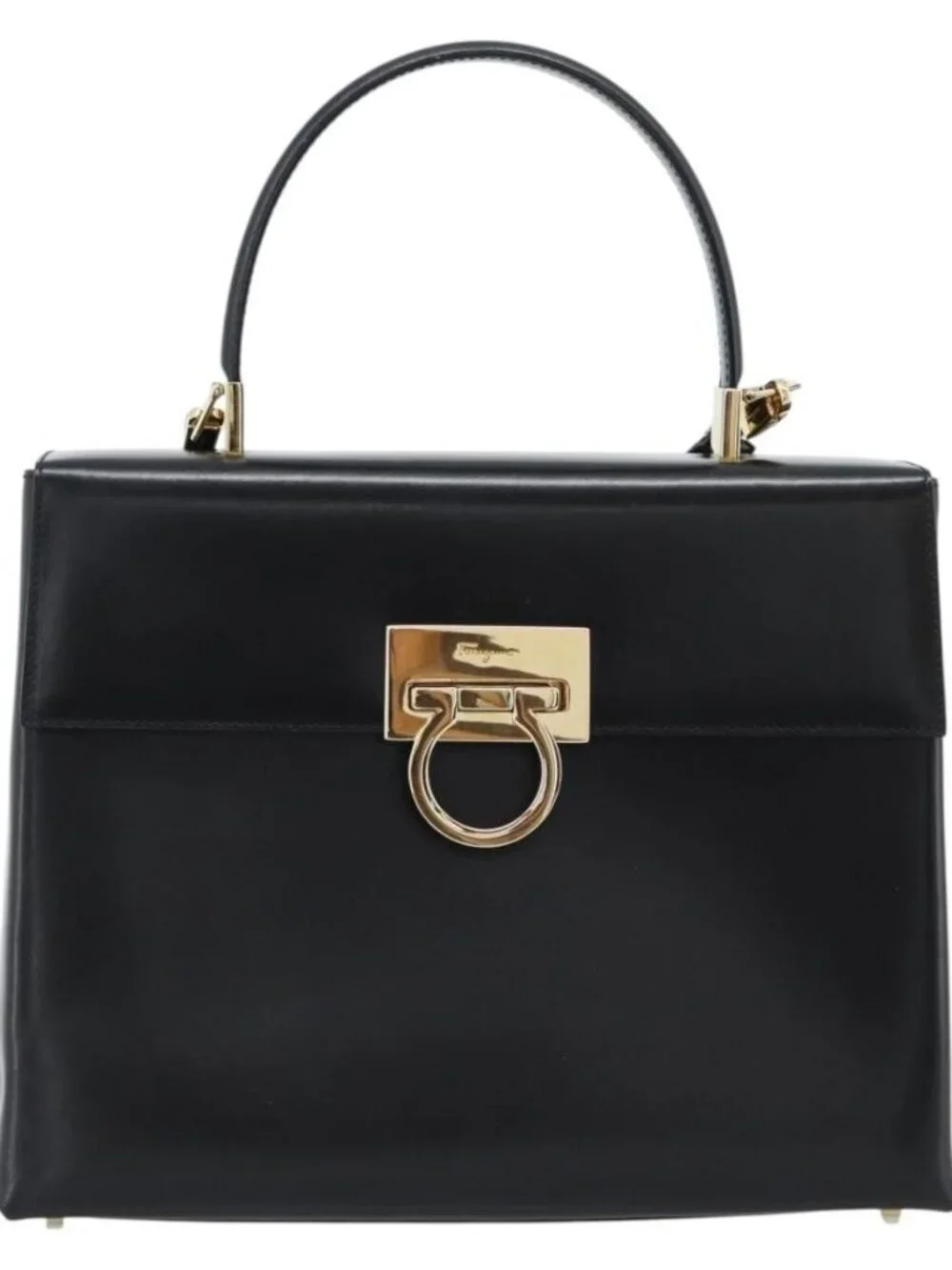 Salvatore Ferragamo Gancini Hand Bag Leather 2way Black Gold Auth 186113V